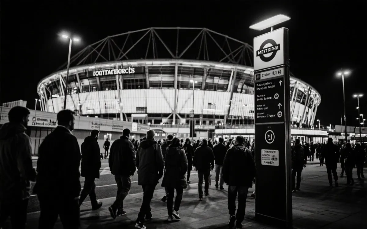 比赛日城市动线：地铁站、球场人流与回程路线示意