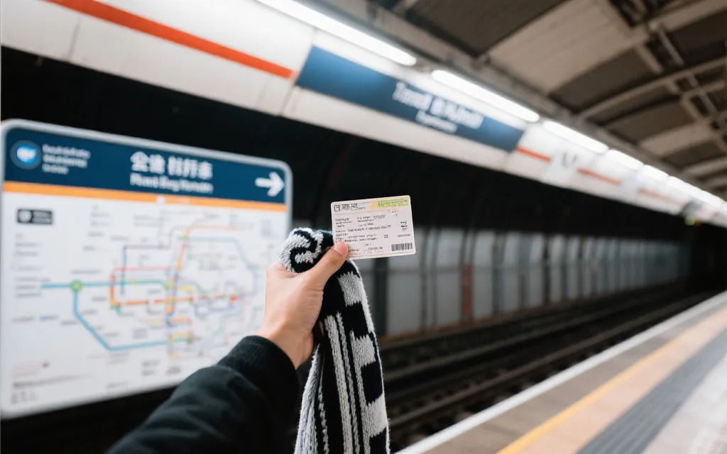 地铁站台与站名标识、球迷围巾与手持球票的打卡画面，电影感构图