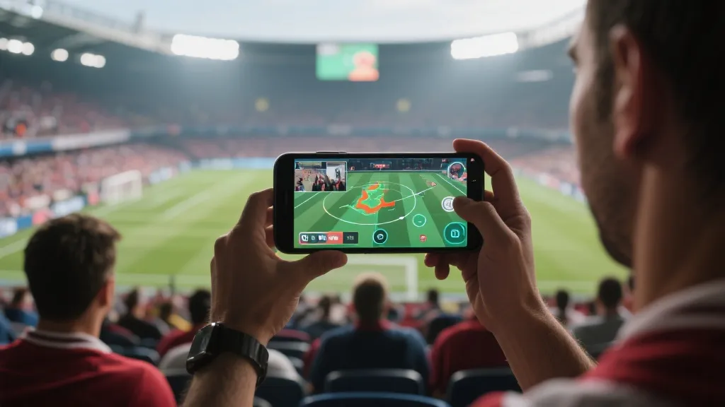球迷在数字化球场中通过手机多视角观看与战术热图互动的画面