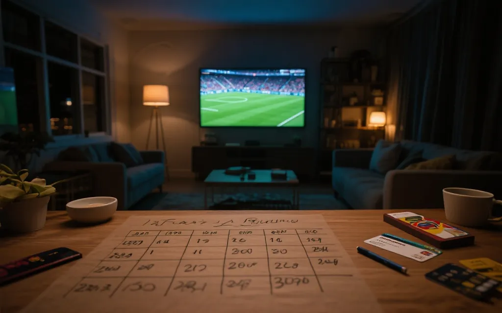 客厅大屏播放足球比赛，桌上有赛程笔记与城市交通卡，氛围温暖